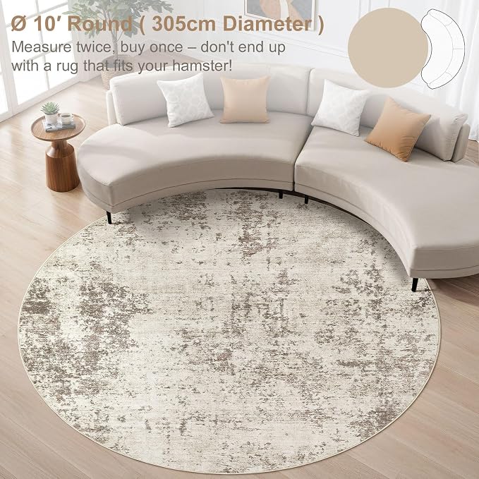 UERMEI 10ft Round Area Rug Living Room Rugs - 10x10 Washable Large Neutral Modern Abstract Soft Thin Rug Indoor Floor No Slip Rug Carpet for Bedroom Under Dining Table Home Office Decor - Golden Grey