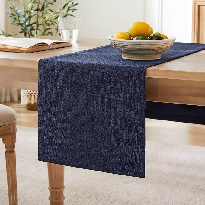 ZeeMart Burlap Style Farmhouse Table Runners 72 Inches Long, Navy Rustic Woven Dining Table Runner for Everyday Use, 14x72 Inches, Navy