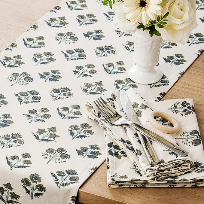 100% Cotton Block Print Floral Table Runners, 13x48 Inch Olive Farmhouse Table Runners 48 Inches Long Boho Flowers Home Decors