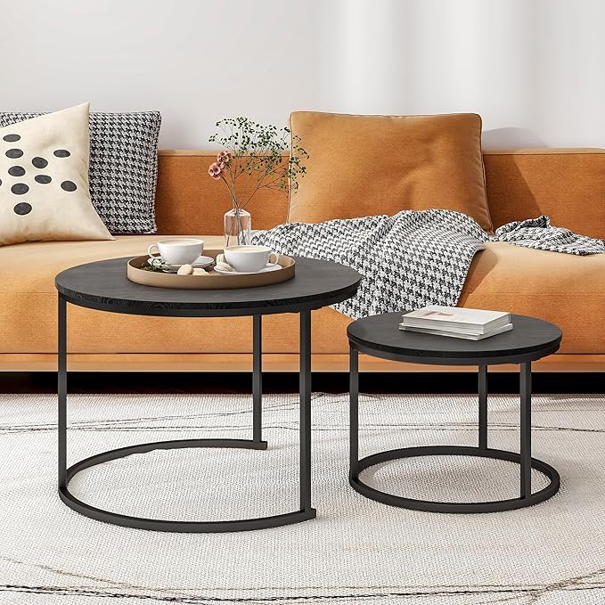 HOJINLINERO Round Coffee Table,Nesting Coffee Table Set of 2,Center Tables for Living Room,Office, Home Small Space,Stacking Side Tables,Sturdy and Easy Assembly,Wood Desktop,Black,Large