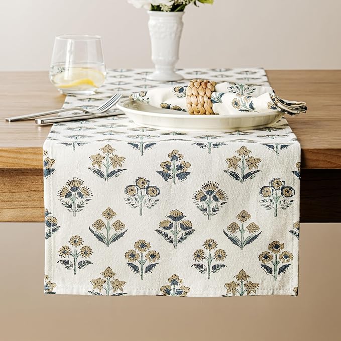 100% Cotton Block Print Floral Table Runners, 13x48 Inch Latte Farmhouse Table Runners 48 Inches Long Boho Flowers Home Decors