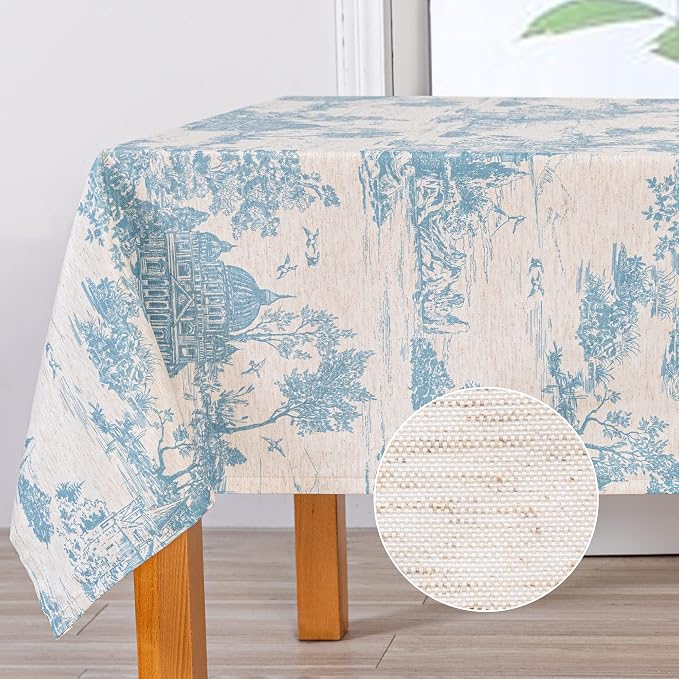 MYSKY HOME Linen Vintage Rectangle Tablecloth 60x84 Inches, Blue Castle Print Table Cloth for Dining Table I Tabletop I Parties/Outdoor I Spring/Summer Waterproof Fabric Farmhouse Tablecloth