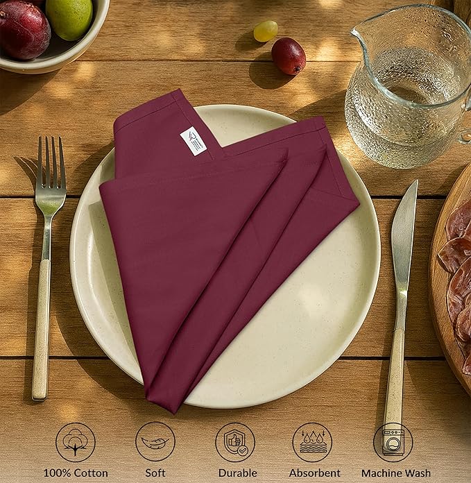 Ruvanti Cloth Napkins Set of 6, 100% Cotton High GSM 18x18 Inches Soft, Washable, Highly Durable & Absorbent, Perfect for Parties, Christmas, Thanksgiving Dinners – Burgundy