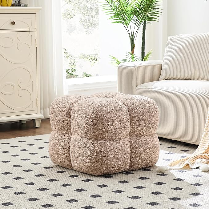 Square Ottoman Stool, Boucle Ottoman Coffee Table with with Full Coverage, Modern Vanity Stool, Upholstered Tufted Foot Rest Pouf for Bedroom, Living Room, Entryway, Tan