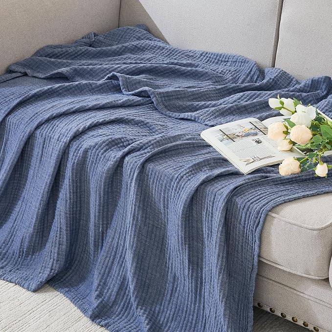 EMME Cotton Muslin Throw Blanket for Couch Breathable Gauze Soft Lightweight Blankets for Adults (Heather Navy, 50"x60")