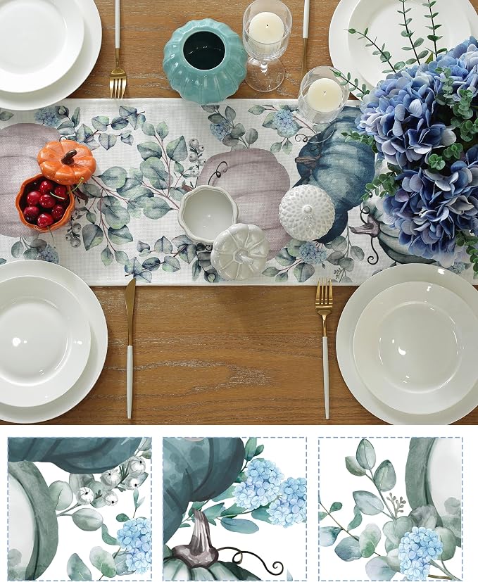 Fall Decorations for Home Blue Fall Table Runner 72 Inches Long with Autumn Pumpkins Eucalyptus Leaves. Thanksgiving Decorations for Dining Room Kitchen Table Seasonal Holiday Harvest Party Decor