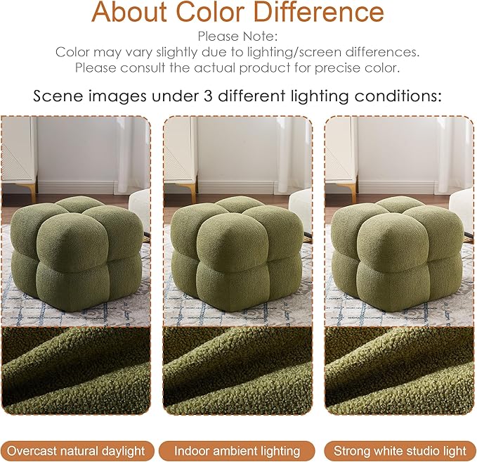ONEVOG Olive Green‌ Modern Ottoman, 21" Square Fuzzy Couch Sherpa Pouf Ottoman, Tufted Cute Boucle Fabric Foot Stools, Upholsered Footrest & Coffee Table & Vanity Chair for Living Room Bedroom, Dorm