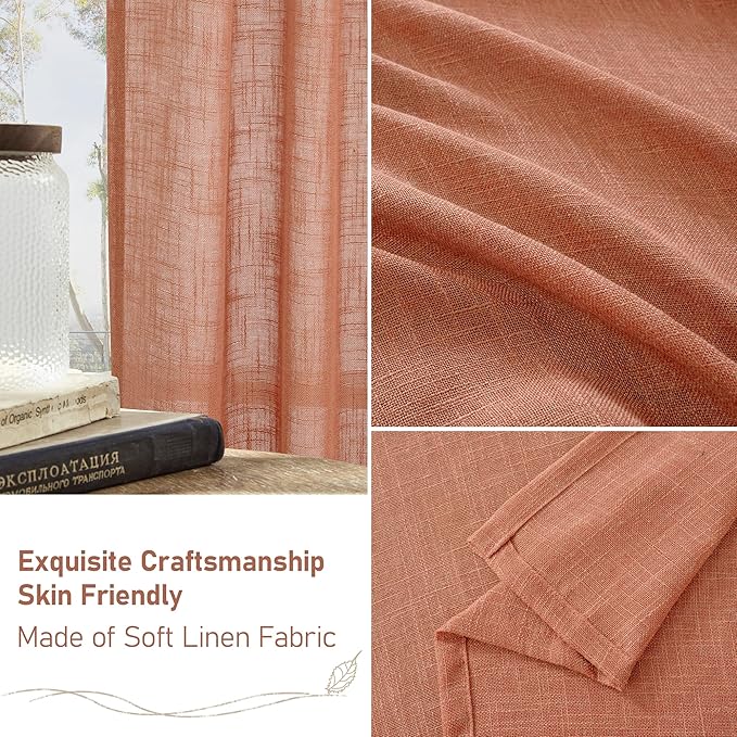 LAMIT Terracotta Linen Curtains 63 Inch for Bedroom, Light Filtering Neutral Semi Sheer Window Boho Curtains Back Tab and Rod Pocket Panels for Living Room, 2 Panels, 52 x 63 Inch