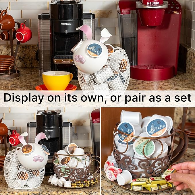 Made Easy Kit Coffee Pod Basket Organizer Practical Decoration - Compatible with Keurig K-Cup Pods & Capsules - Home Cafe Bar Decor Useful Kitchen Countertop Freestanding (Bunny White)