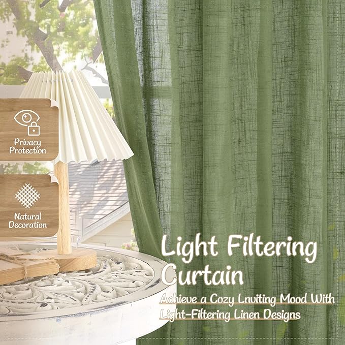 LAMIT Linen Semi Sheer Curtains 63 Inch Length 2 Panels Set, Sage Green Light Filtering Neutral Boho Panels Back Tab and Rod Pocket Bedroom Drapes for Living Room/Farmhouse/Room Decor, 52 x 63 Inch