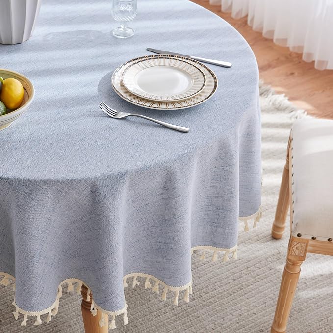 Linen Tablecloth with Tassels, Farmhouse Style Blue Tablecloth, Water Resistant Burlap Tablecloths for Round Table, 60 Inch Round Blue