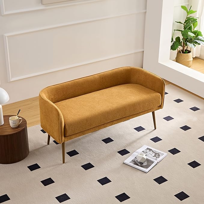 Bedroom Bench with Low Back,Inside Metal Frame, Extra Seat for Living Room,Entryway or Dinning Bench (Yellow) …