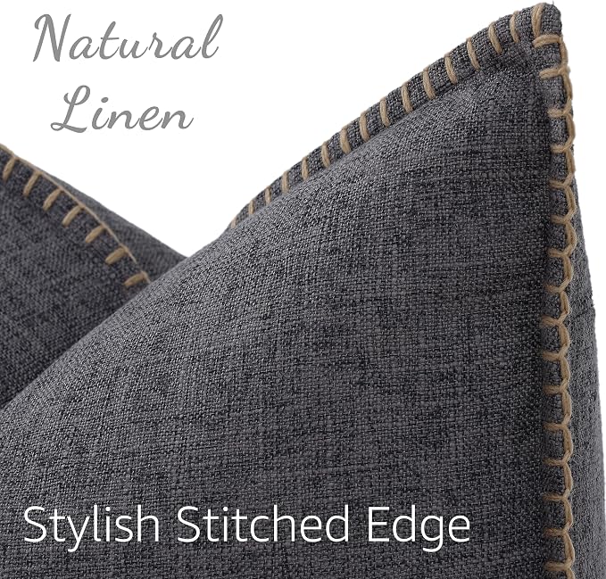decorUhome Summer Decorative Throw Pillow Covers 22x22 Set of 2 Faux Linen Farmhouse Euro Sham Pillow Covers with Stitched Edge Outdoor Neutral Pillow Covers for Couch Sofa Living Room, Dark Grey