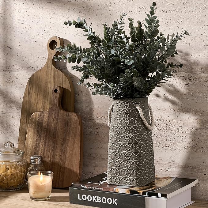 Vaseking Elegant Petite Vase, 8.66 inch Ceramic Modern Minimalism Geometric Texture Purse Vase with Hanging Rope, Creative Tote Bag Vases for Home Decor, Living Room, Wedding, Bookshelf Decor, Gray