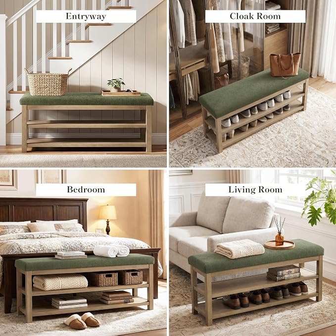 Zihanhome Shoe Rack Bench with Cushion, 2 Tier Solid Wood Storage Bench, Mid-Century Modern Shoe Bench for Entryway, Hallway, Closet, Front Door Entrance, Foyer (Green, 46.5")