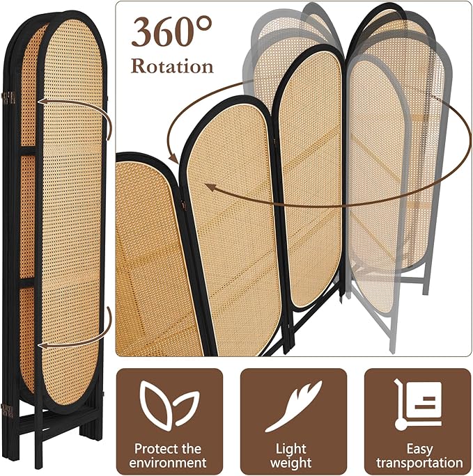 Hand-Woven Rattan Room Dividers Panel, 4 Panels Wood Room Divider and Folding Privacy Screens, Room Divider Wall Freestanding Room Partitions Screen for Home Office Bedroom, Black