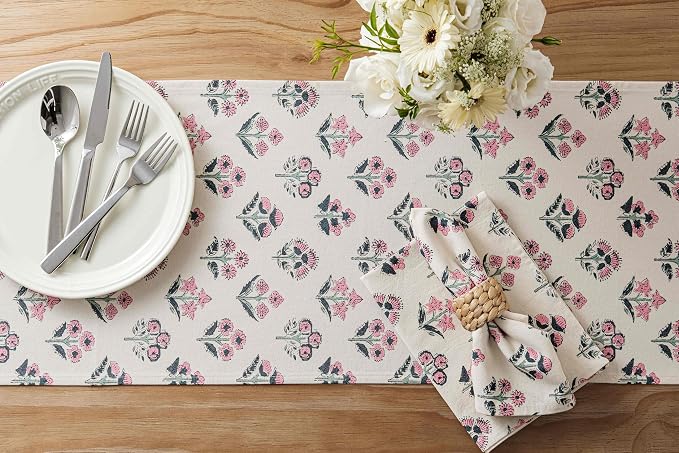 100% Cotton Block Print Floral Table Runners, 13x60 Inch Pink Farmhouse Table Runners 60 Inches Long Boho Flowers Home Decors