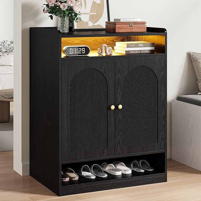 LIKIMIO Rattan Shoe Storage Cabinet with LED Light, 24 Pairs 6-Tier Shoe Cabinet Storage for Entryway with Adjustable Shelves, Farmhouse Shoe Rack Organizer for Hallway, Living Room, Black