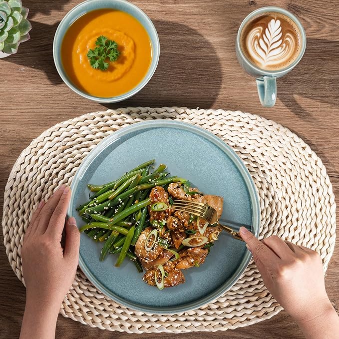 GBHOME Ceramic Dinnerware Sets for 8, 24 Pieces Stoneware Plates and Bowls Sets, Scratch Resistant Dishes, Dishwasher & Microwave Safe, Reactive Glaze-Malachite Green