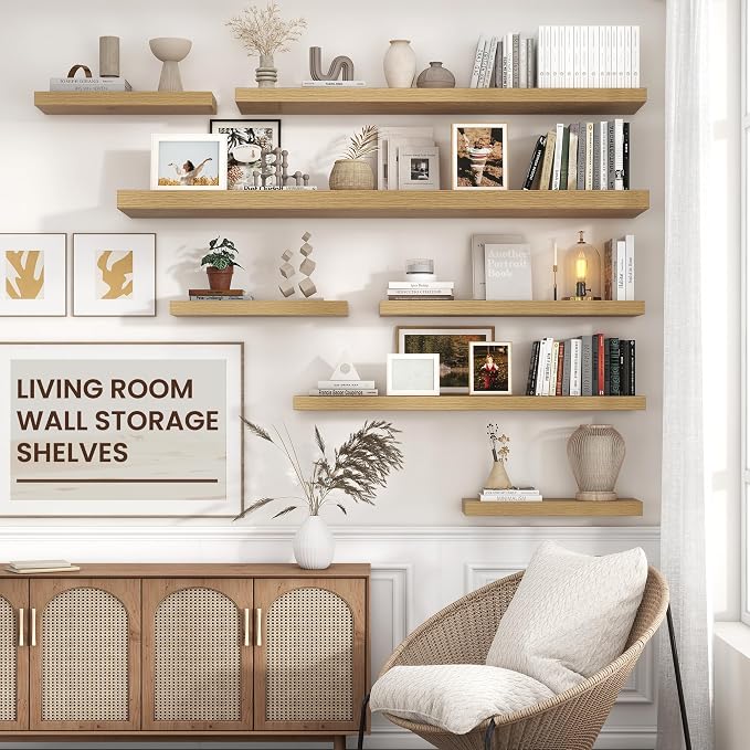 Venusmiles Floating Shelves for Wall 55 inch Long, Engineered Wood Large Wall Shelves with Invisible Brackets for Living Room Bedroom Bathroom Office Kitchen Decor and Storage, Oak Finish, Set of 1