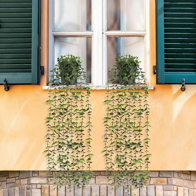 Waipfaru 2Pcs Fake Hanging Plants with Pot, Artificial Potted Faux Eucalyptus Plants Fake Vines Ivy Artificial Plants Outdoor Faux Plants Indoor Bedroom Living Room Boho Wall Porch Shelf Decor