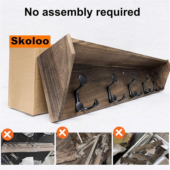 SKOLOO Wall Shelf with Hooks, 35-Inch Weathered Brown Wall Mounted Coat Rack with Shelf Organizer - Lightweight & Sturdy, 5 Tri Hooks - Perfect for Entryway, Hallway, Living Room, Bedroom, Mudroom