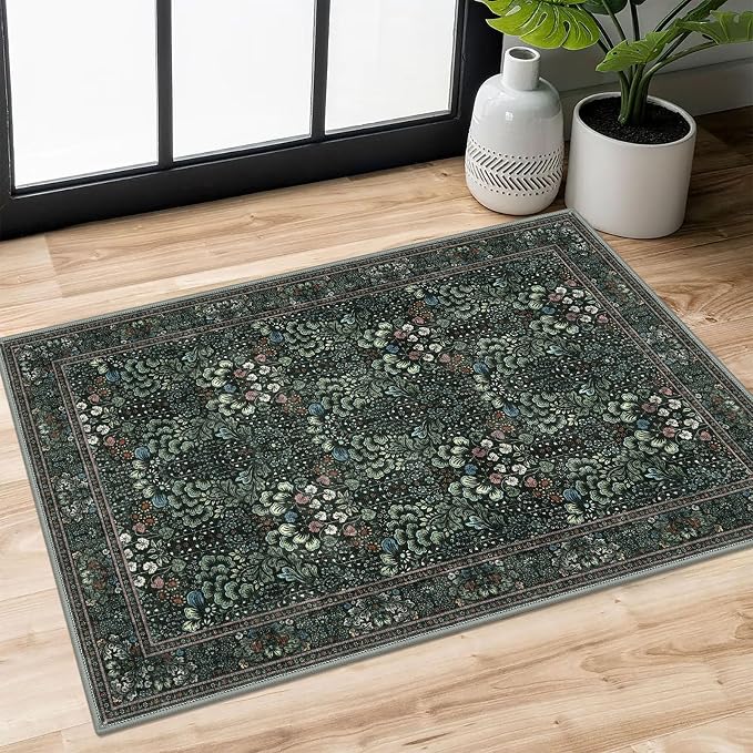 SIILOOM 2x3 Washable Area Rug, Dark Green Soft Rug for Entryway, Non-Slip Indoor Door Mat Boho Low-Pile Kitchen Rugs, Floor Modern Carpet for Entrance Kitchen Bedside Farmhouse