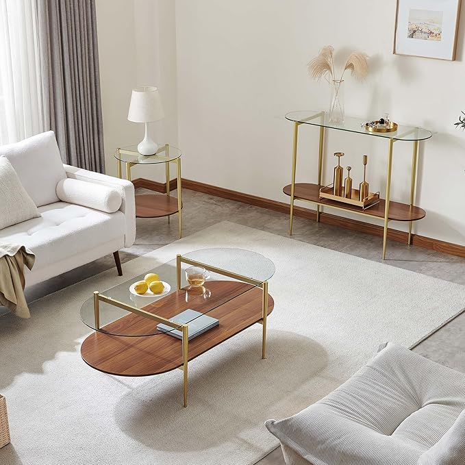 LumFurn X-Large Oval Glass Coffee Table, Mid-Century Modern Design, L47 x W24 x H17 inch, for Living Room, Clear Glass Top and Walnut Finish Wood Shelf, Conical Legs with Gold Finish Frame