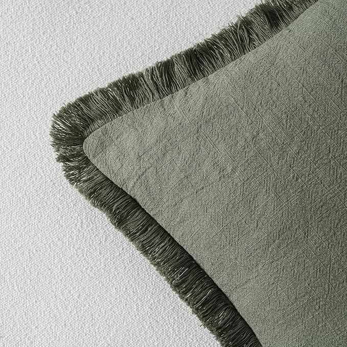 MIULEE Decorative Throw Pillow Covers Neutral Linen Fringe Throw Pillows Set of 2 Light Olive Green Boho Farmhouse Cushion Covers for Couch Sofa Bed Living Room Spring Home Decor 18x18 Inch