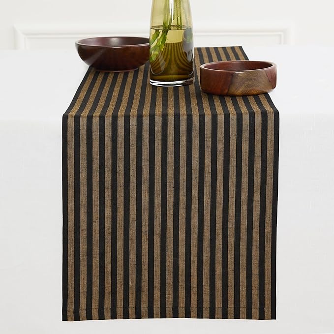 Solino Home Table Runner 144 Inches Long - Amalfi Stripe, 100% Pure Linen Brown Sugar and Black Table Runner 14 x 144 Inch for Dining