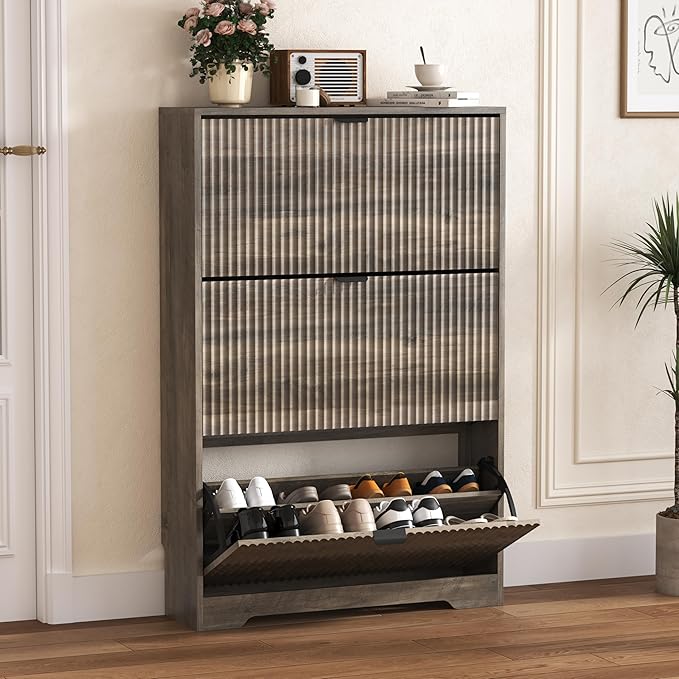 HUANLEGO Shoe Cabinet Storage for Entryway with 3 Flip Drawers, Grey Fluted Shoe Cabinet with Adjustable Shelves, Wooden Hidden Shoe Rack Freestanding Narrow Slim Shoes Storage for Hallway, Entrance