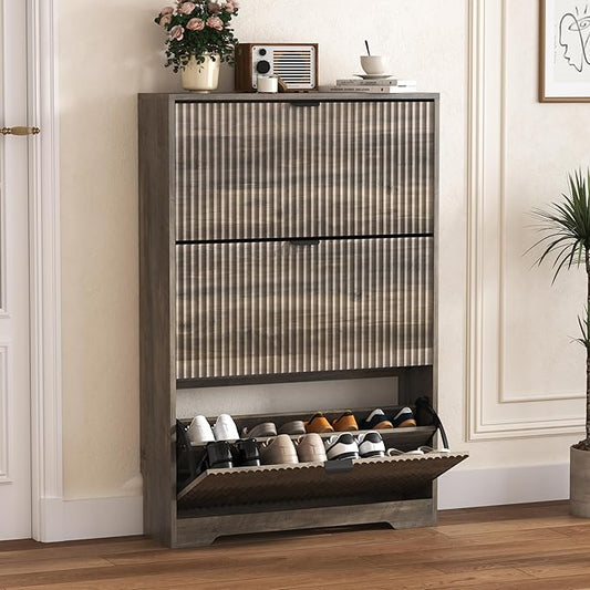 HUANLEGO Shoe Cabinet Storage for Entryway with 3 Flip Drawers, Grey Fluted Shoe Cabinet with Adjustable Shelves, Wooden Hidden Shoe Rack Freestanding Narrow Slim Shoes Storage for Hallway, Entrance