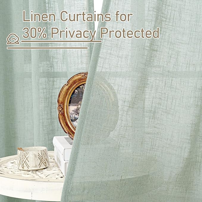 LAMIT Living Room Linen Curtains - 90 Inch, Back Tab & Rod Pocket, Light Filtering, Burlap Textured Sheer Curtains for Farmhouse, 2 Panels, 52 x 90 Inch, Light Sage