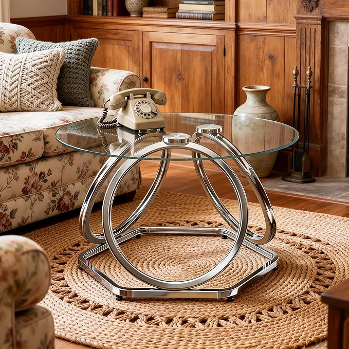 O&K FURNITURE Glass Coffee Table, Modern Silver Coffee Table Living Room Table with Hexagonal Base, Round Coffee Table for Home&Office, Chrome Finish, 1 PC