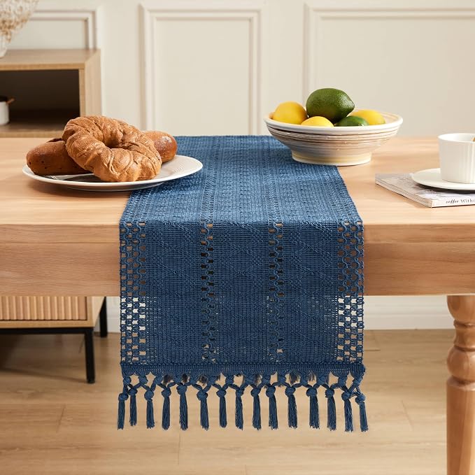 ZeeMart Macrame Style Boho Table Runner, Blue Table Runners 72 Inches Long, Farmhouse Woven Home Decor, 12x72 Inch, Dusty Blue