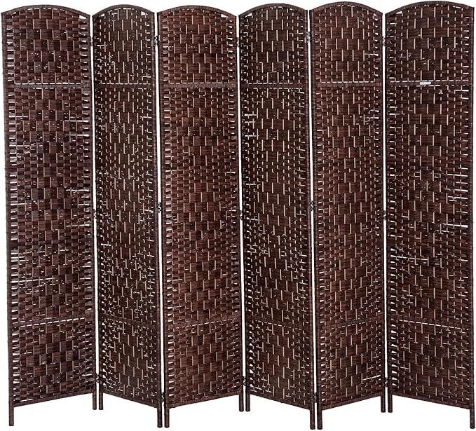 HOMCOM Room Divider 6 Panel, 6FT Tall Folding Privacy Screen, Freestanding Hand-Woven Partition for Room Separation with 360° Hinges, Paper Rope Diamond Weave, Brown