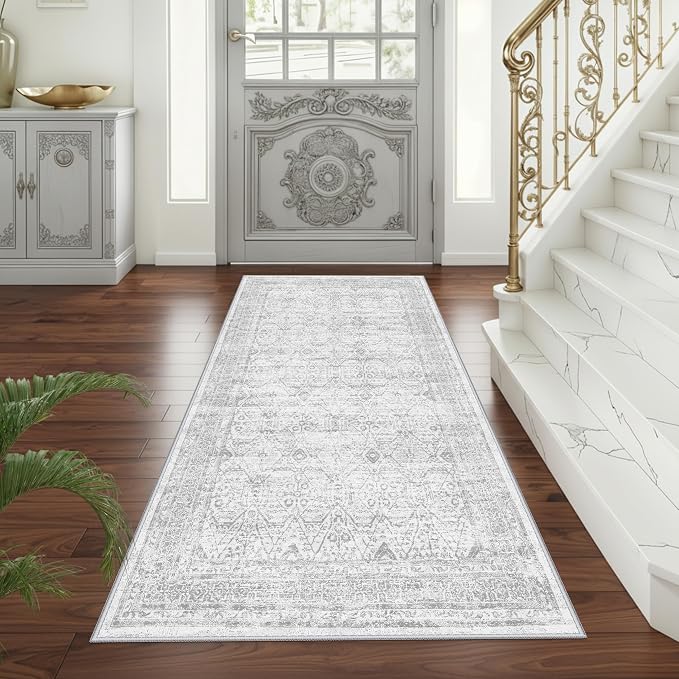 3x6 Rug Runner Washable Entryway: Non Slip Soft Kitchen Area Rug, Low Pile Vintage Farmhouse Floor Door Mat for Bathroom, Neutral Indoor Carpet for Hallway Bedroom (Grey/Ivory 3'x6')