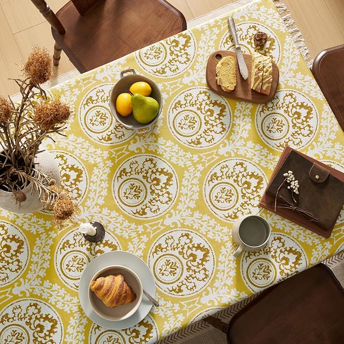Rustic Yellow Floral Rectangle Tablecloth: Linen Printed Farmhouse Table Cloth - Damask Patterned on Burlap Textured Fabric Outdoor Table Cover for Kitchen,Dining,Party,Picnic Decor, 55x102 Inch