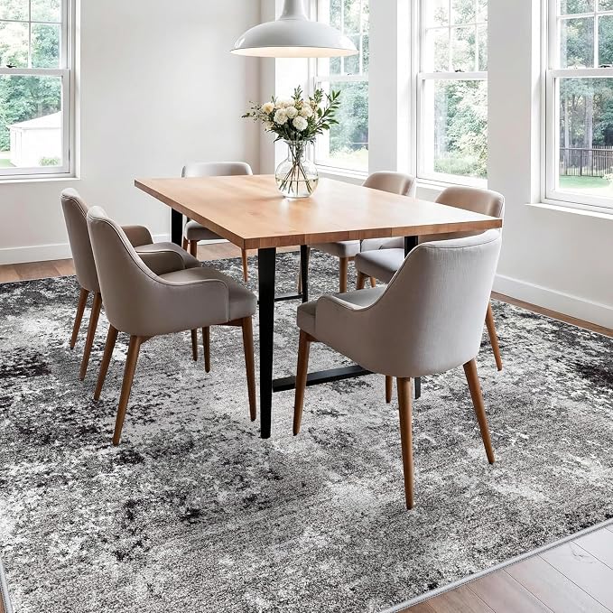 10x10 ft Square Living Room Rug – Washable Modern Abstract Area Rug for Bedroom, Dining Room, Playroom – Neutral Non-Slip Low-Pile Thin Indoor Carpet (Black Grey,10x10)