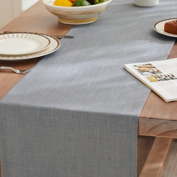 ZeeMart Rustic Cotton Linen Table Runner, 13x48 Inches Blue Ashes, Farmhouse Style Blue Grey Table Runners 48 Inches Long, Washable Kitchen Dining Table Decoration for Home Party Decor