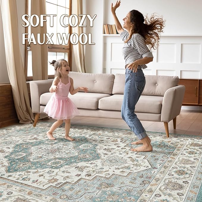 10x13 Area Rug Living Room: Washable Boho Large Neutral Vintage Soft Rug Stain Resistant Farmhouse Non-Slip Indoor Floor Carpet for Bedroom Nursery Kids Playroom Office Dining Room Home- Teal Brown