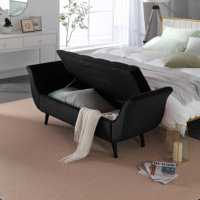 65" Velvet Storage Bench, 65" Vintage Upholstered Rolled Armed Button Tufted Stool Bench for Bedroom, Living Room, Entryway, Hallway, Dressing Room (Black)