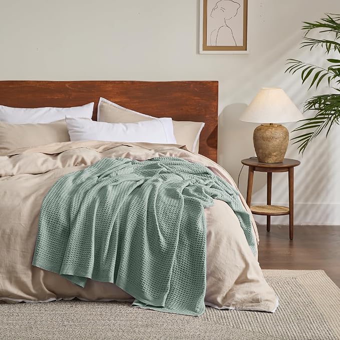 Bedsure 100% Cotton Blanket Full Size for Bed - Breathable and Soft for Summer, Thick Cozy Waffle Weave Blanket Gifts for Women, Sage Green, 80x90 Inches