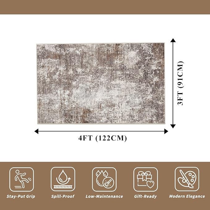 3x4 Washable Entryway Rug Non-Slip Modern Abstract Small Area Rug for Kitchen, Bedroom, Bathroom Soft Low-Pile Thin Indoor Door Mat Brown Beige