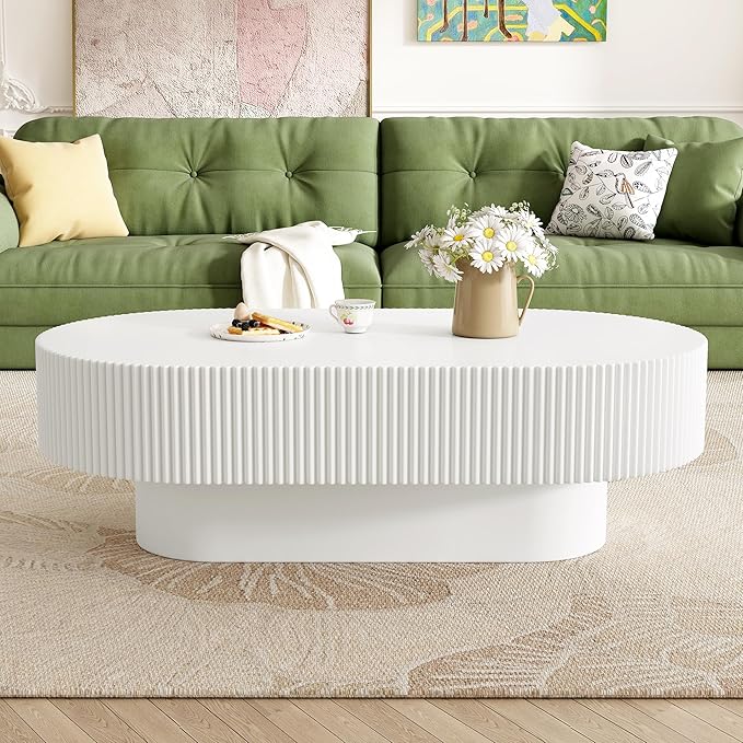 Merax Modern 43.3" W Oval Coffee Table with Sturdy Base, Wood Center Tables for Living Room Reception Room, Easy Assemble, White
