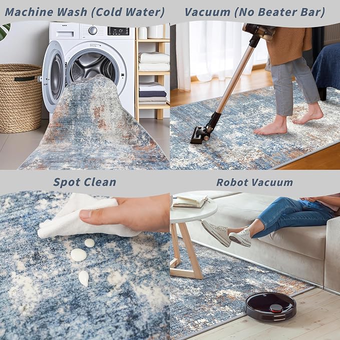 3x12 ft Long Hallway Runner Rug Non-Slip Washable Carpet Runner for Kitchen Entryway Bathroom Modern Abstract Neutral Low-Pile Thin Stain-Resistant Blue Rust