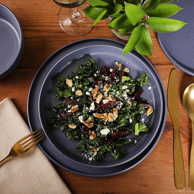 Gibson Elite Bayou Moon Plates and Bowls Sets, 16-Piece Blue Matte Stoneware Dinnerware Sets, Solid Color Reactive Glaze Dish Set