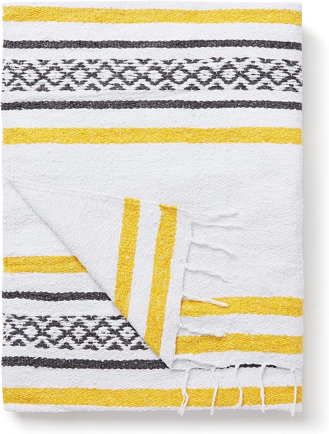 Gray and Yellow Mexican Blanket by Laguna Beach Textile Co - Beach, Yoga, Camping, or Decorative Throw Blanket - Traditional Handmade Serape - Yellow Stone