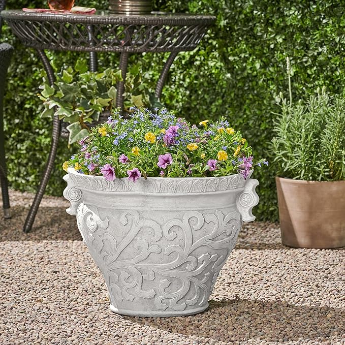 Christopher Knight Home Armis Round Concrete Planter, Indoor Outdoor Garden Plant Pot with Drainage Hole, Floral Relif Patio Urn Planter for Front Porch/Backyard, Outdoor Planter Box, Antique White