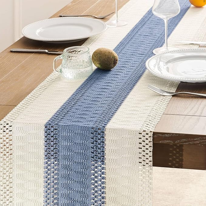 ZeeMart Macrame Style Bicolor Stitching Table Runner, 14 x 36 Inch Blue/Ivory, Boho Blue Table Runners 36 Inches Long, Farmhouse Woven Home Decor